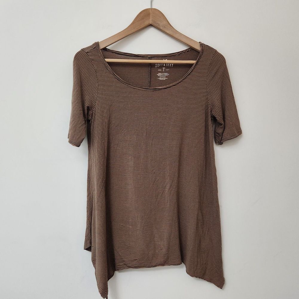 SOFT & SEXY Women's Brown Striped Asymmetrical Open Round Neck T Shirt Size S